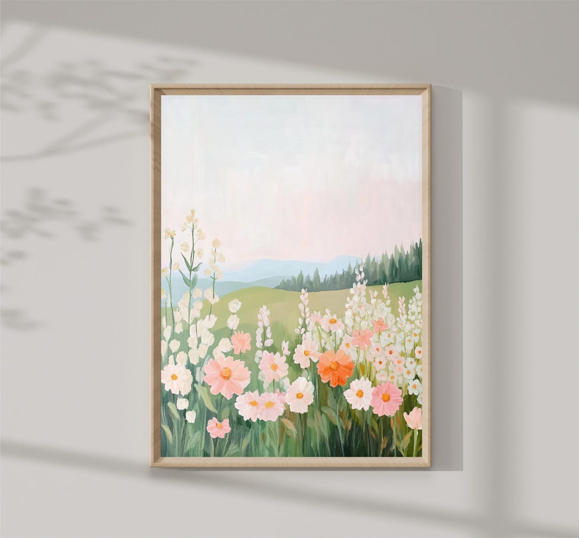 Wildflower Meadow Pastel Field Distant Hills Floral Landscape Print