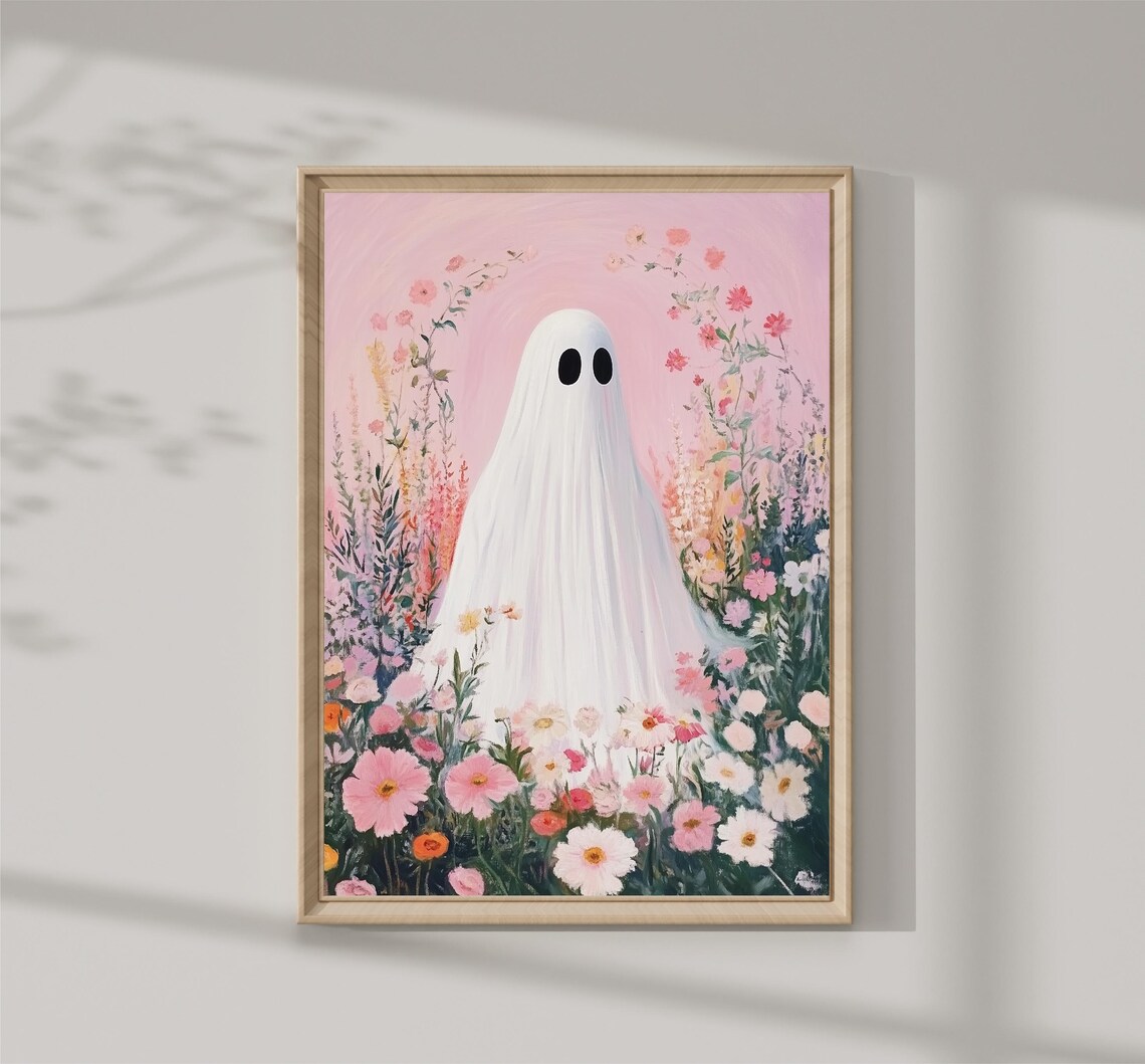 Halloween Ghost Pink Art Print, Girls Room Decor