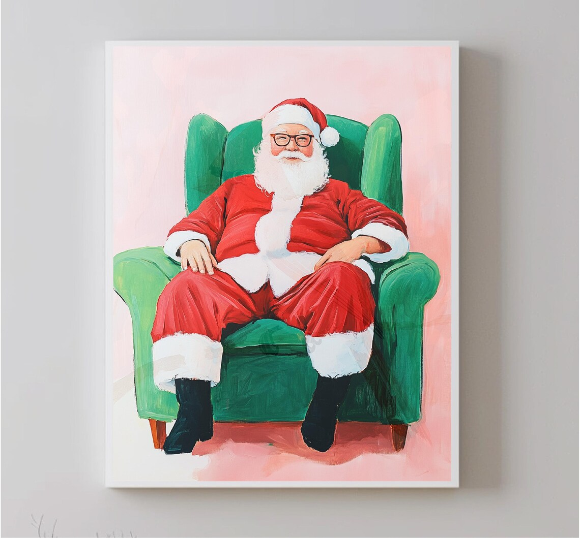 Santa Claus Relaxing Green Armchair Pink Christmas Portrait Poster