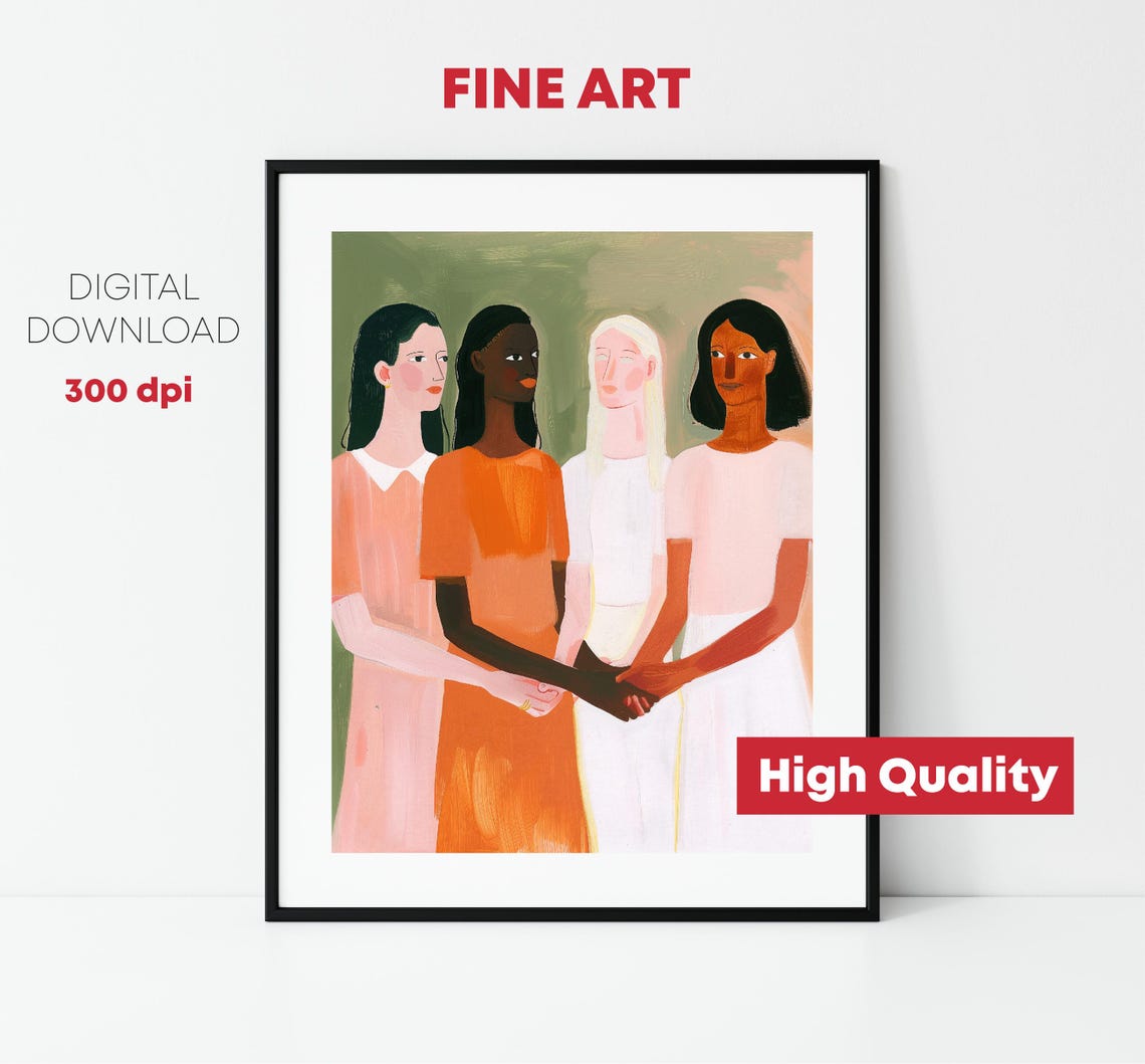 Four Diverse Women Friends Holding Hands Modern Illustration Print - Image 2