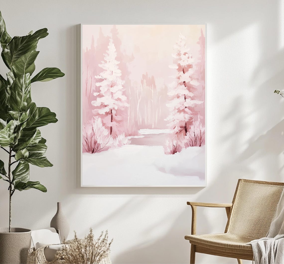 Blush Pink Winter Forest Snowy Pines Dreamy Holiday Scene Poster - Image 5