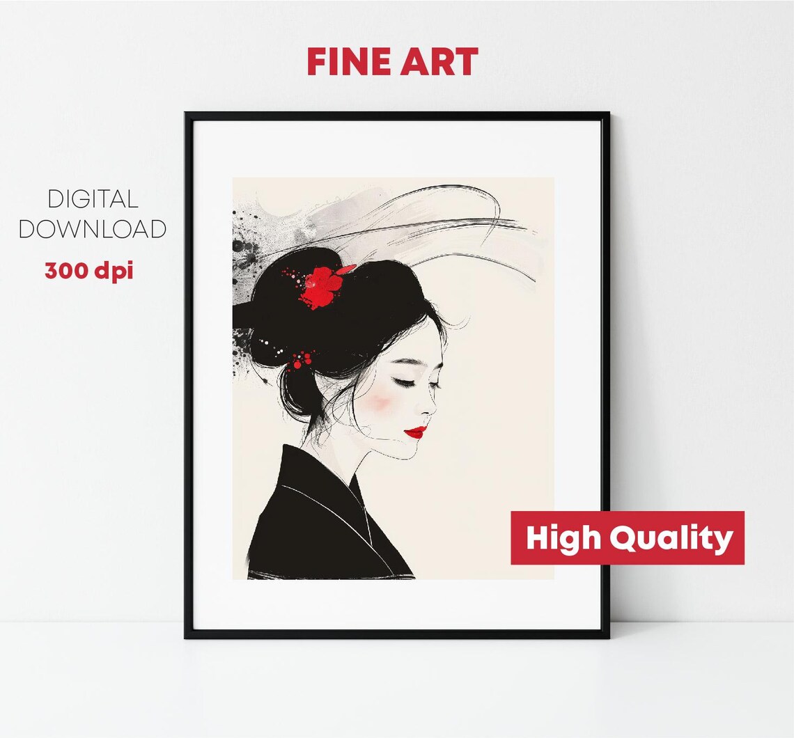 Elegant Geisha Woman Red Flower Ink Illustration Japanese Art Print - Image 2