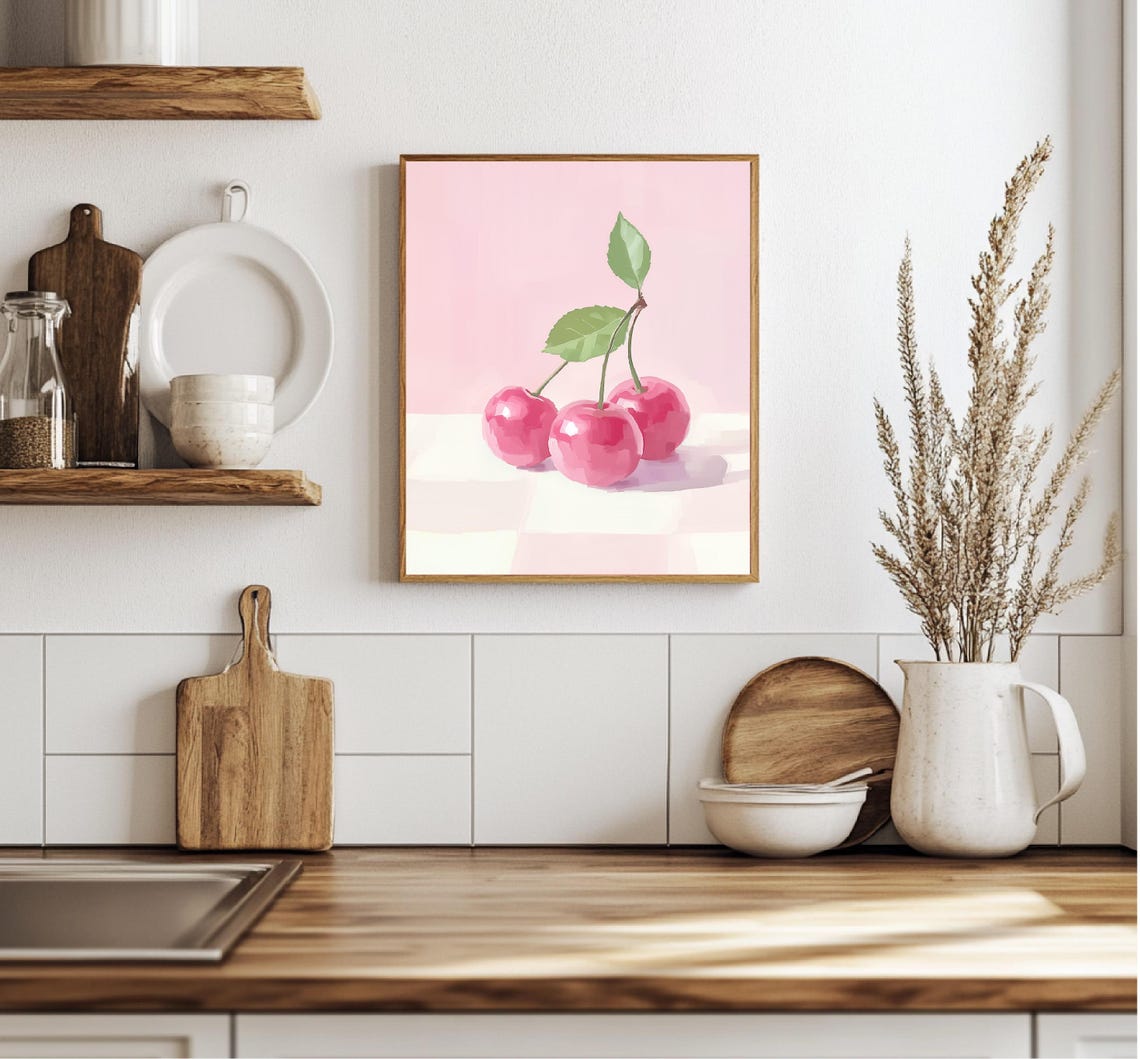 Pink Cherries On Pastel Background Sweet Fruit Kitchen Art Poster - Image 4