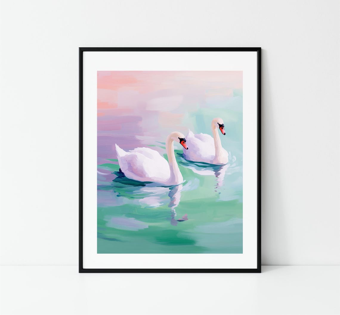 White Swans Pair Pastel Lake Dreamy Water Serene Nursery Wall Art - Image 3