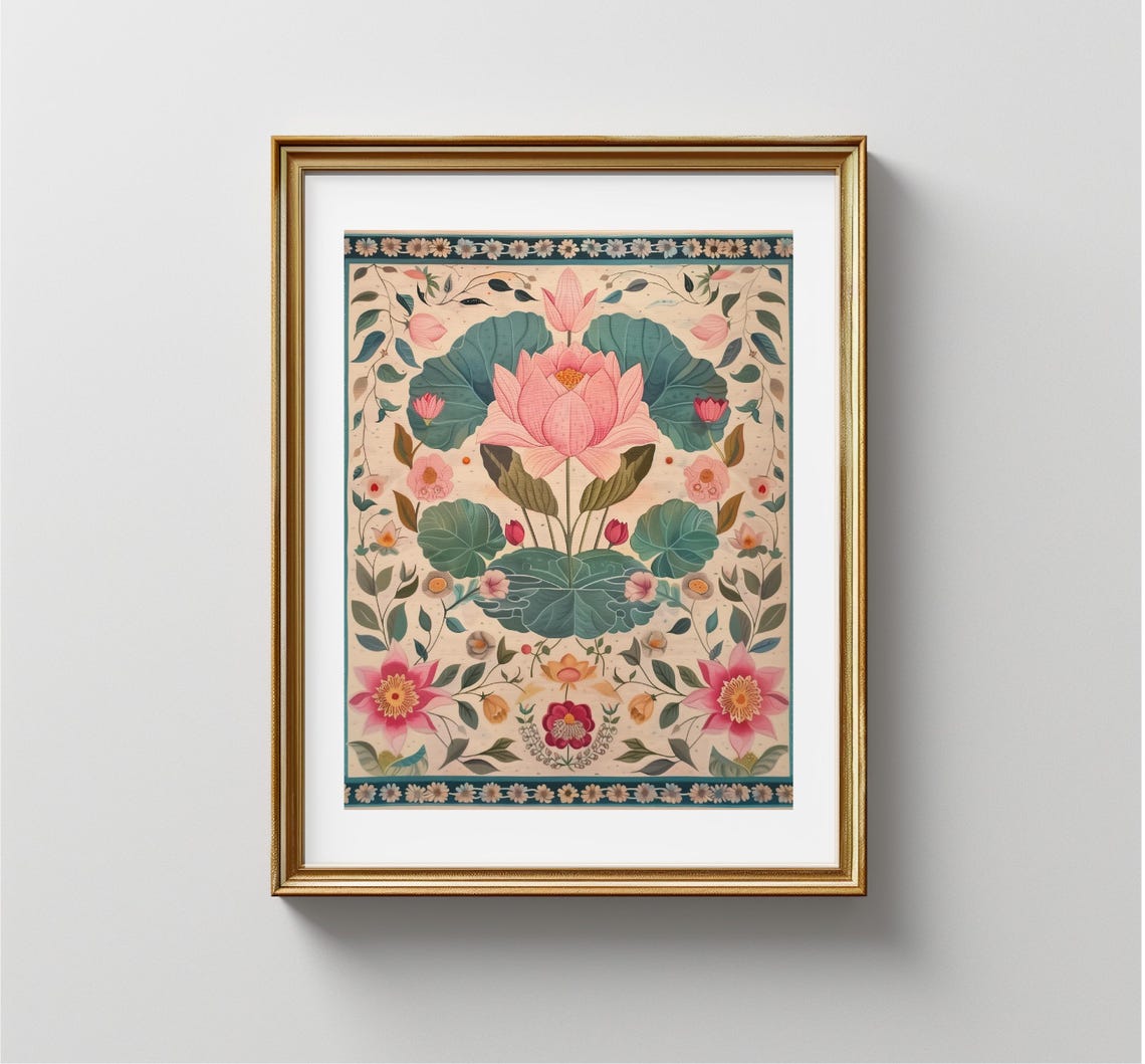 Indian Lotus Floral Pattern Pink Cream Traditional Pichwai Print - Image 3