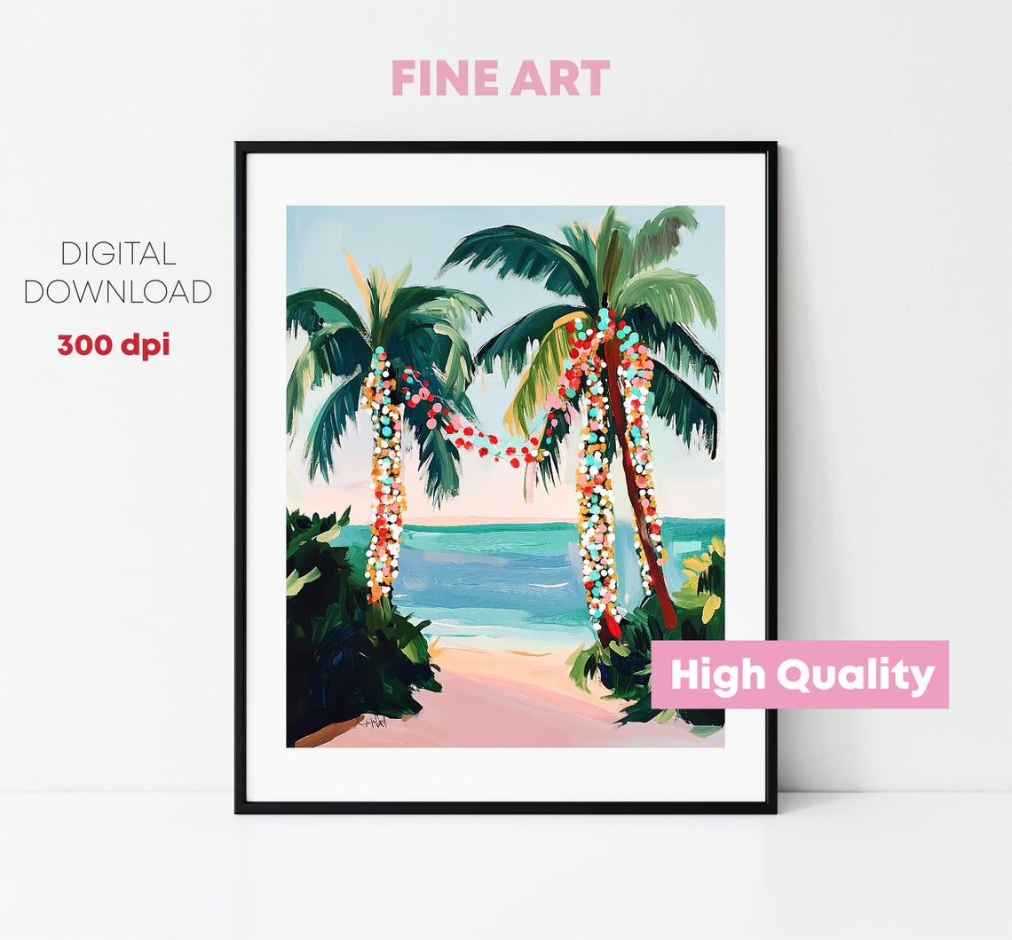 Tropical Christmas Palm Trees With Holiday Lights Beach View Poster - Image 4