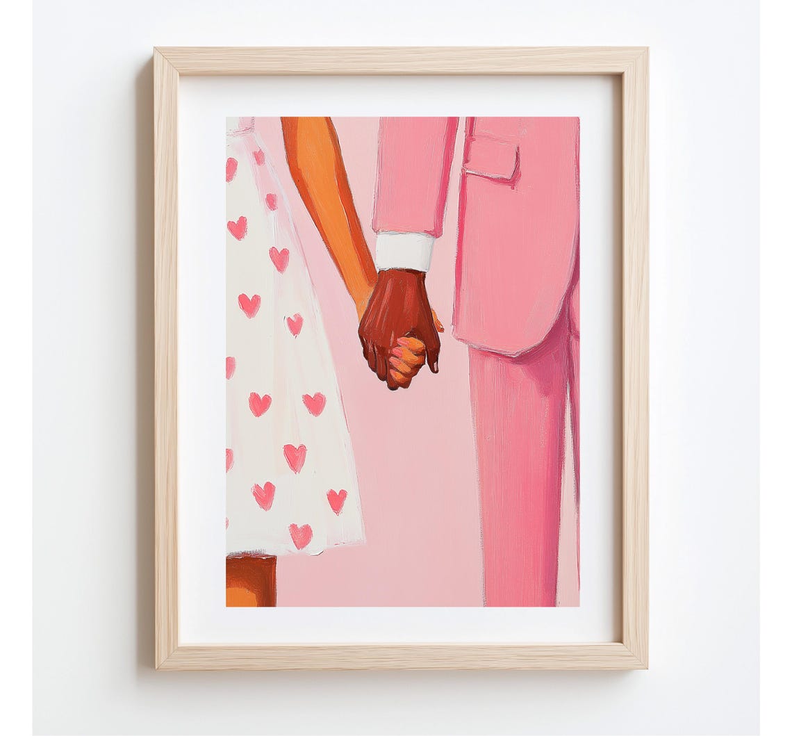 Romantic Couple Holding Hands Pink Hearts Modern Love Wall Art - Image 5