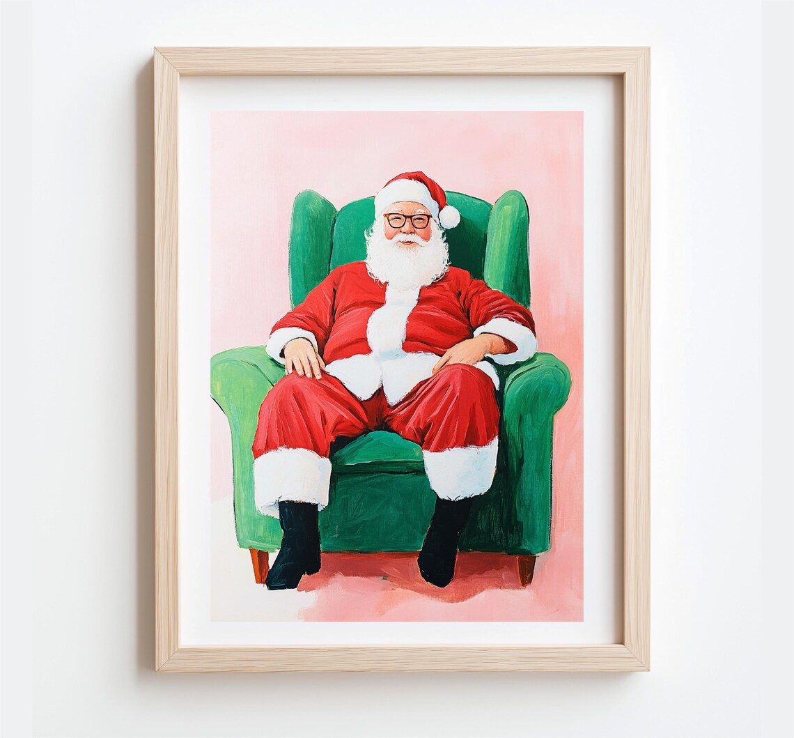 Santa Claus Relaxing Green Armchair Pink Christmas Portrait Poster - Image 2