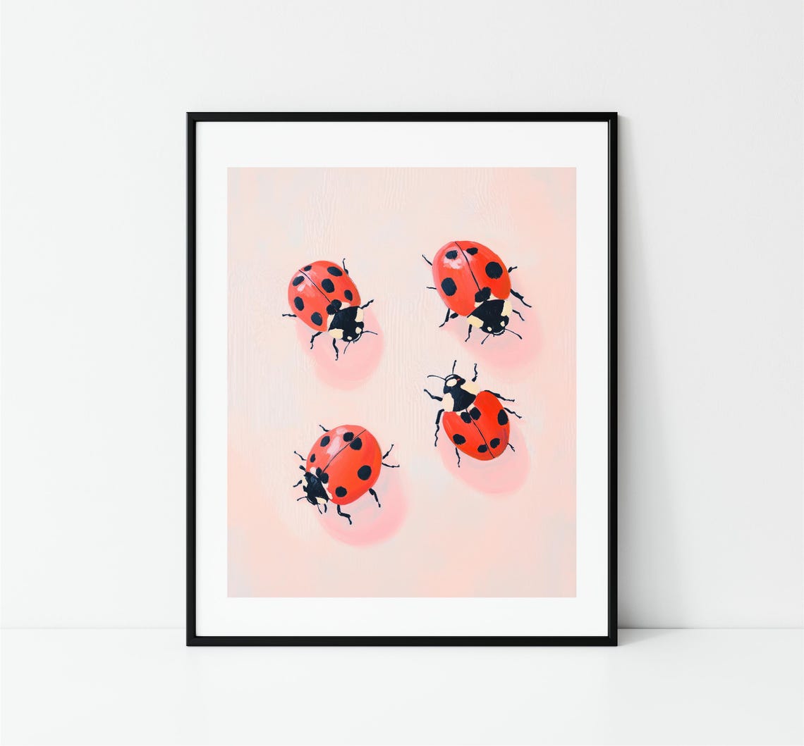 Red Ladybugs Pink Background Cute Insect Playful Nursery Art Print - Image 3
