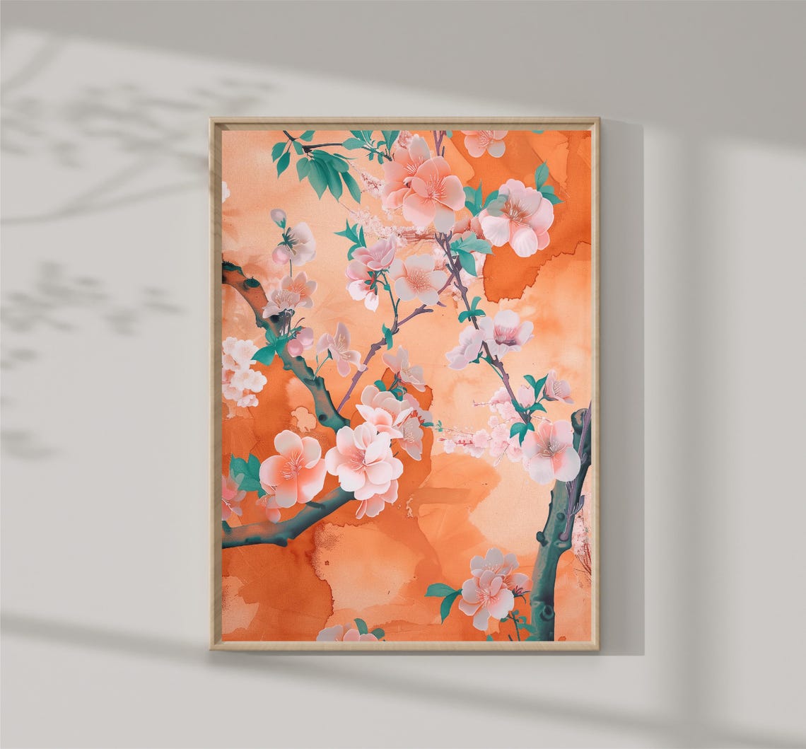 Cherry Blossom Branches Orange Watercolor Japanese Floral Poster