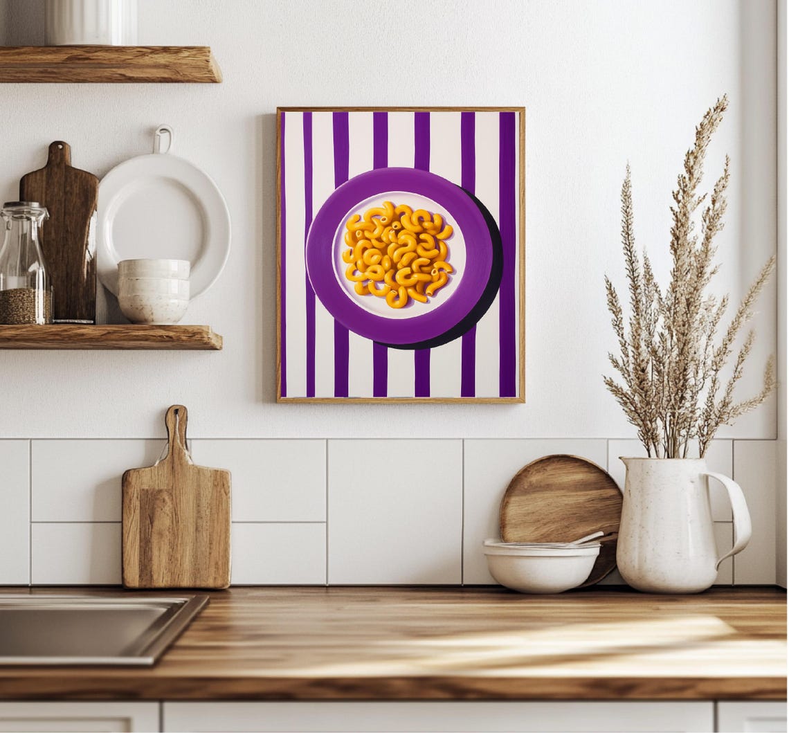 Macaroni Pasta On Purple Plate Bold Striped Kitchen Wall Art Poster - Image 3