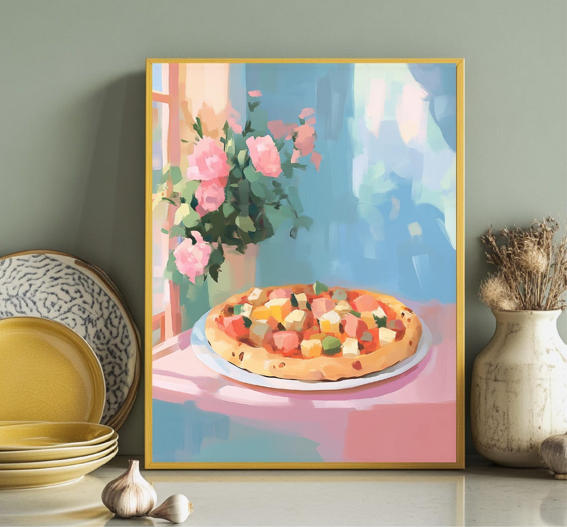 Cheesy Pizza By Sunny Window Pink Flowers Kitchen Decor Print - Image 3