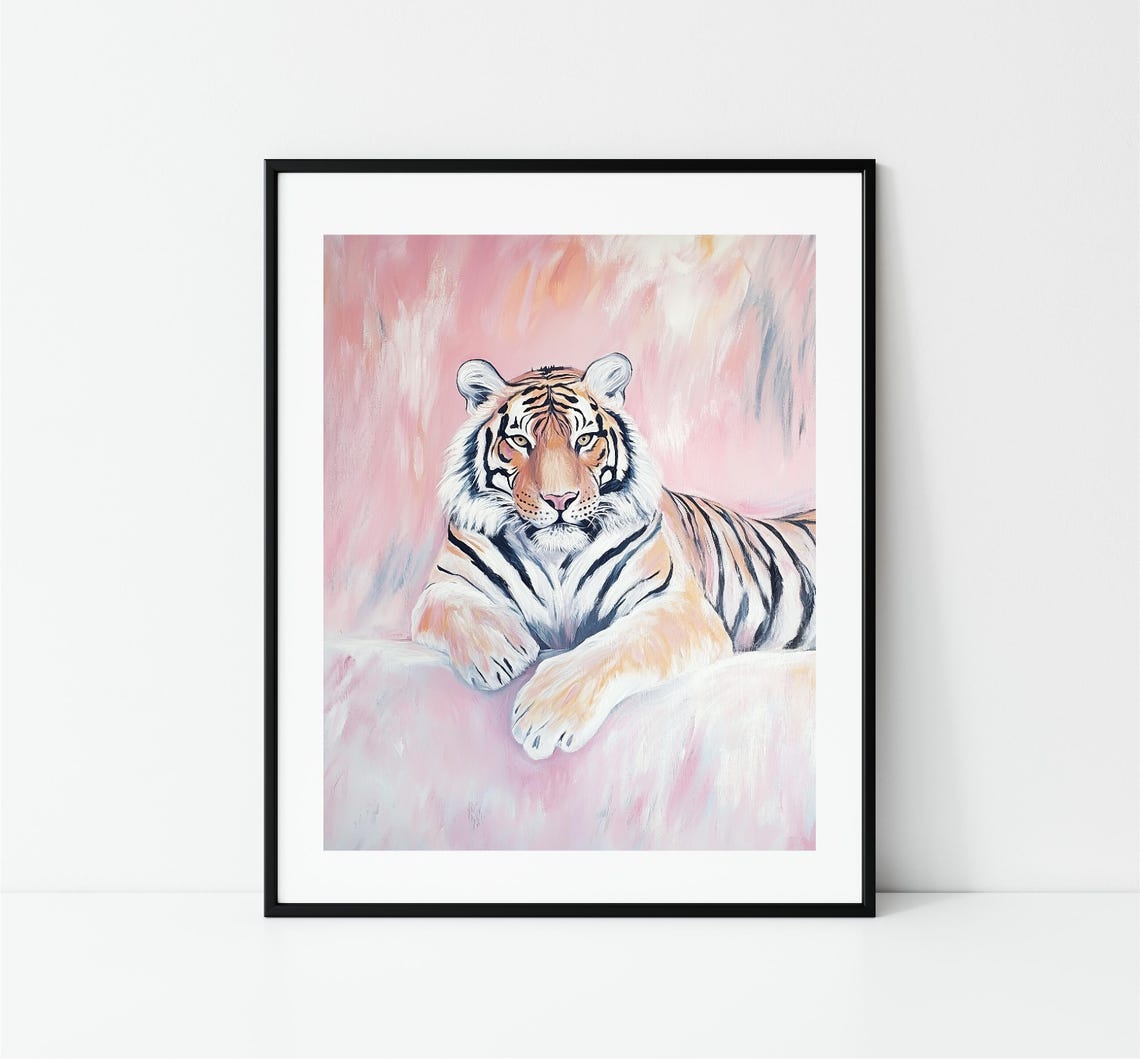 Pastel Tiger Lounging On Pink Background Soft Wildlife Art Poster - Image 3