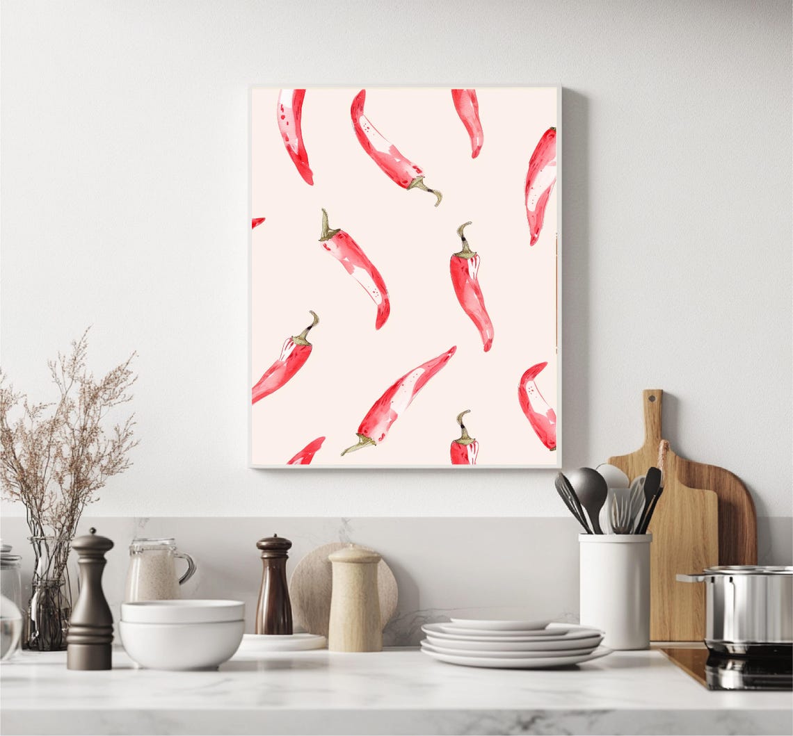 Red Chili Peppers Watercolor Pattern Cream Background Kitchen Print - Image 5