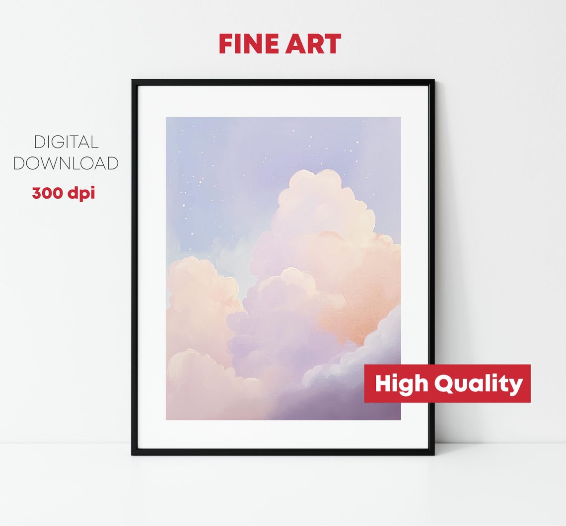 Dreamy Pastel Clouds Stars Lavender Sky Abstract Nursery Art Print - Image 2