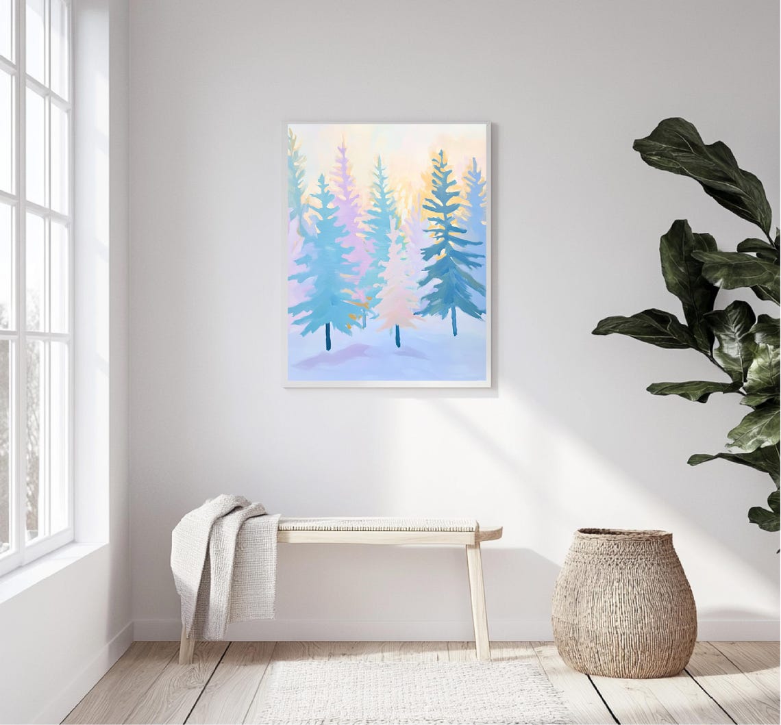 Pastel Winter Pine Forest Snowy Blue Trees Holiday Christmas Wall Art - Image 5