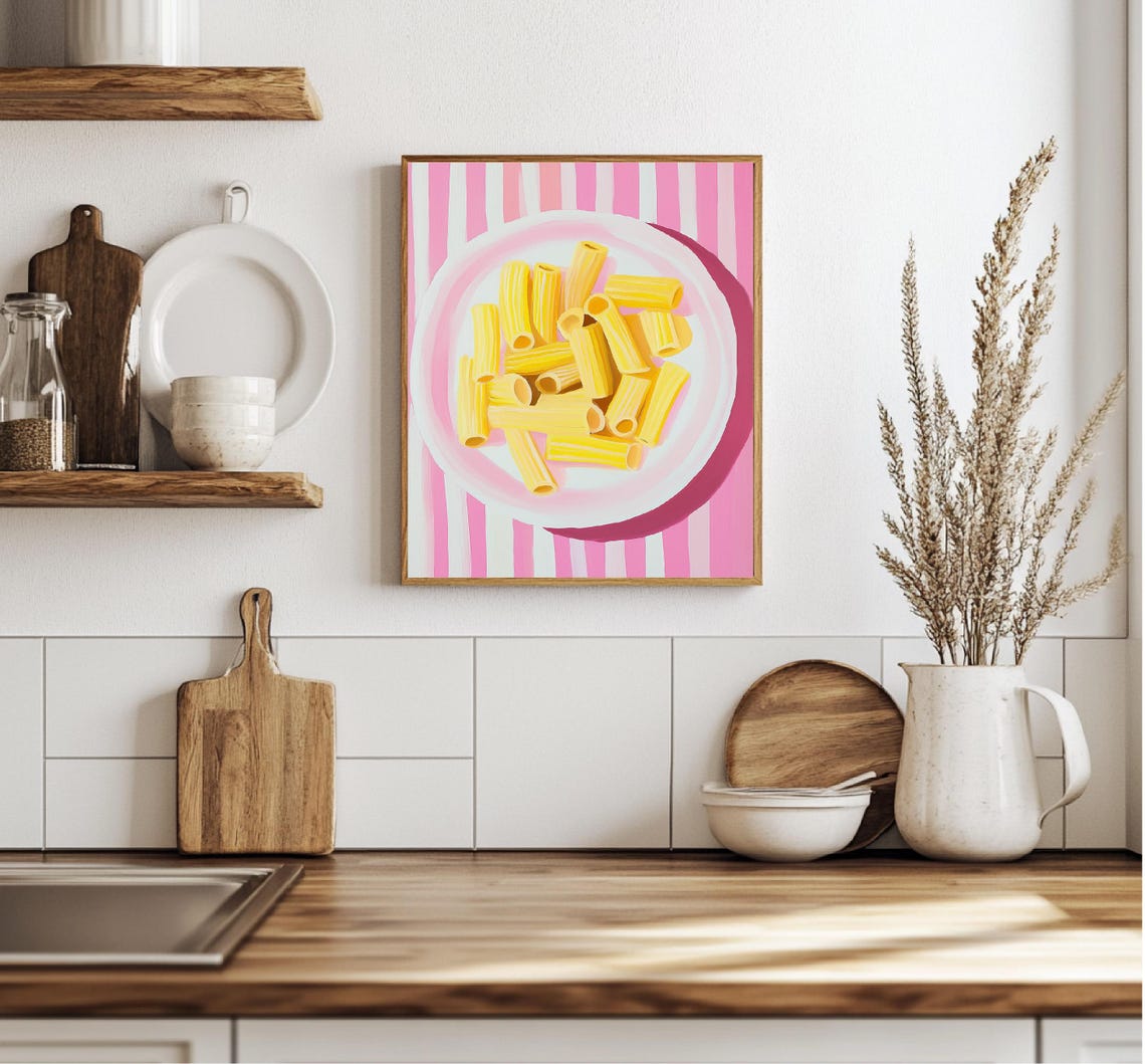 Rigatoni Pasta On Pink Striped Plate Playful Kitchen Food Art Poster - Image 3