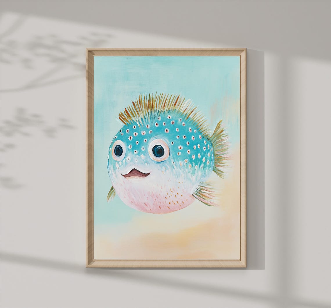 Smiling Blue Pufferfish Portrait Pastel Ocean Nursery Wall Art Print