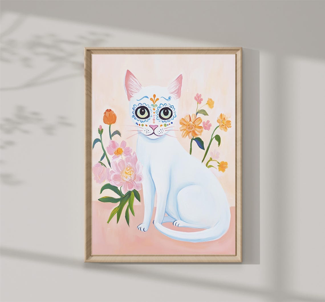 White Cat Sugar Skull Floral Face Painted Kitty Blossom Art Poster