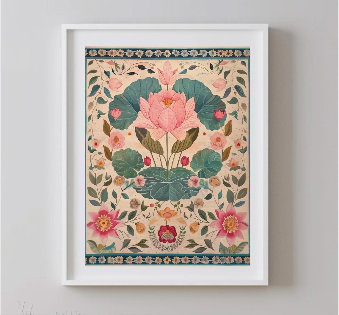 Indian Lotus Floral Pattern Pink Cream Traditional Pichwai Print - Image 4