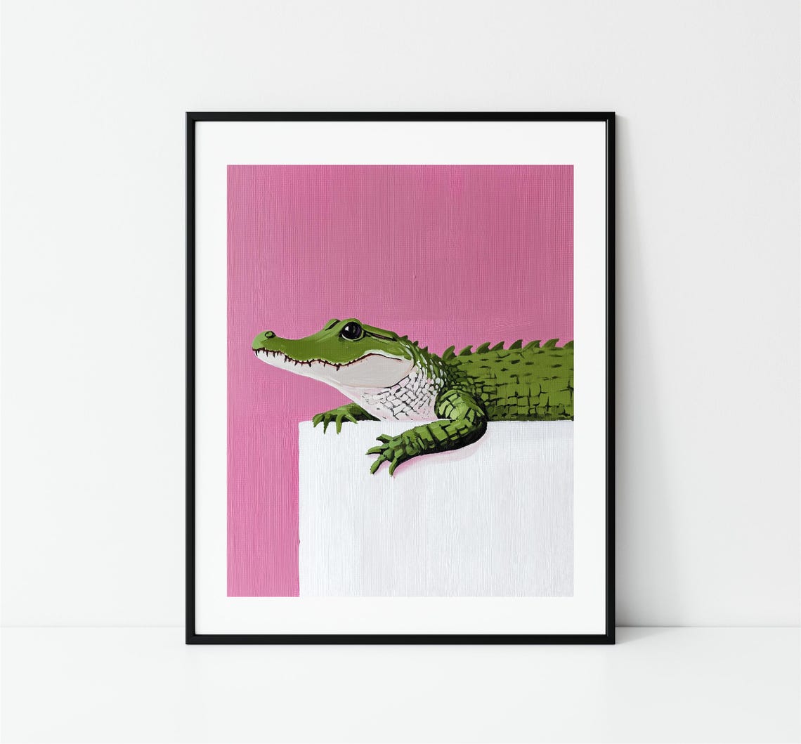 Smiling Green Crocodile Peeking Over Ledge Pink Background Print - Image 3