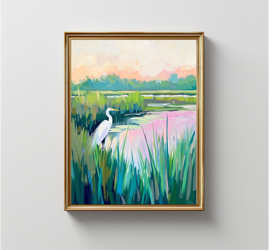 White Egret Sunset Marsh Wetlands Pink Sky Nature Painting Poster - Image 4