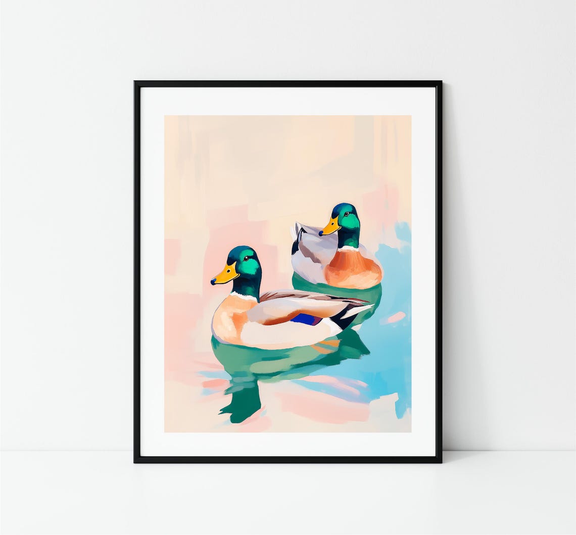 Two Mallard Ducks Swimming Pastel Pond Modern Animal Painting Print - Image 3