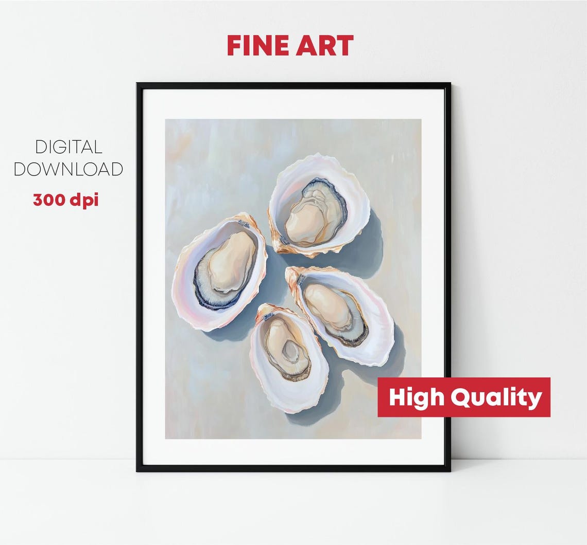 Four Oyster Shells Cream Background Minimalist Coastal Art Print - Image 3