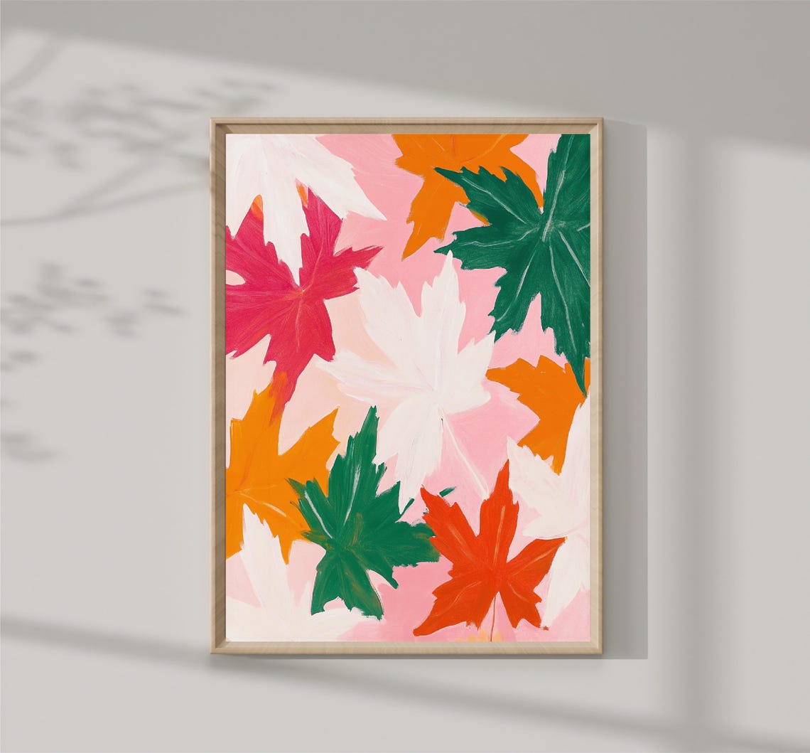 Fall Maple Leaves On Pink Background Orange Red Green Autumn Art Print