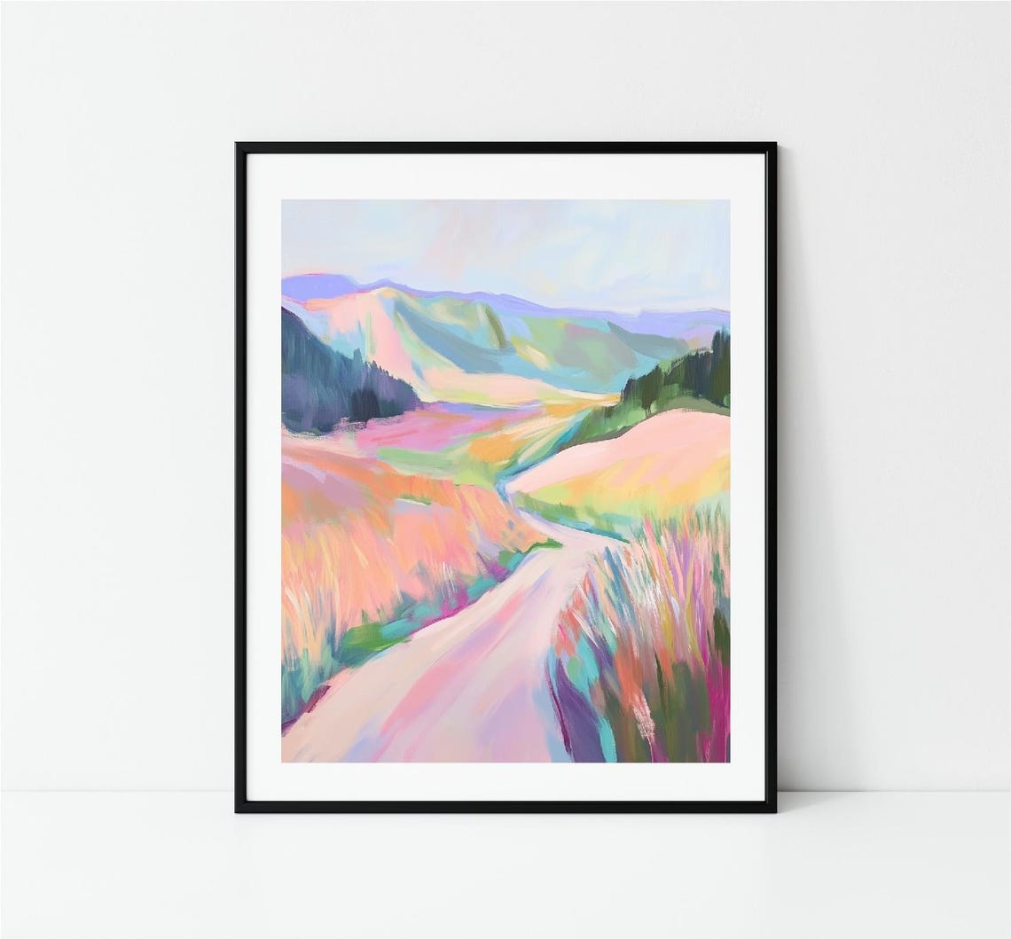 Winding Pastel Road Through Colorful Mountain Valley Art Print - Image 3