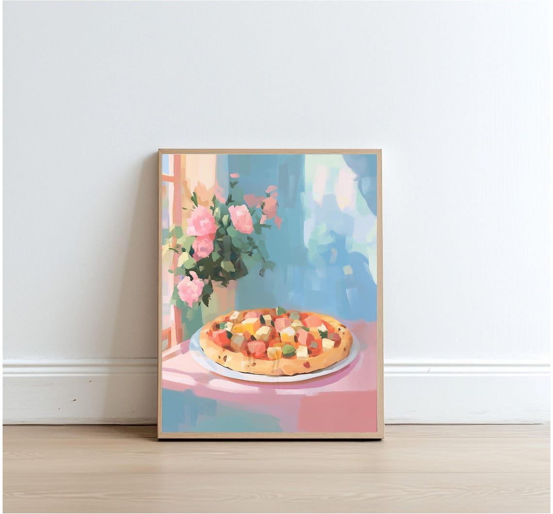 Cheesy Pizza By Sunny Window Pink Flowers Kitchen Decor Print - Image 4
