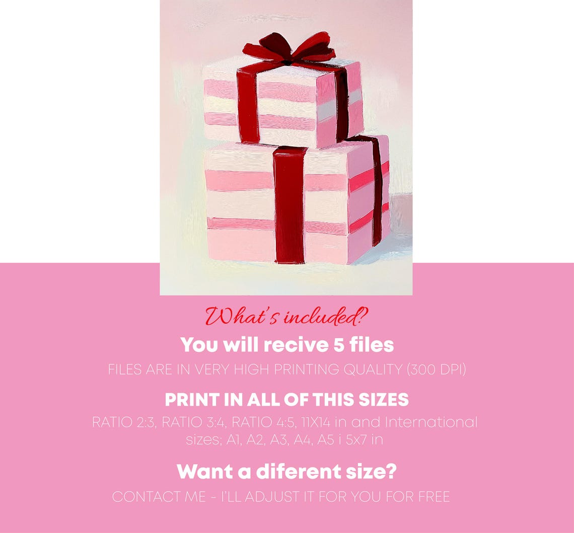 Pink Striped Christmas Gift Boxes With Red Ribbons Holiday Art Poster - Image 4