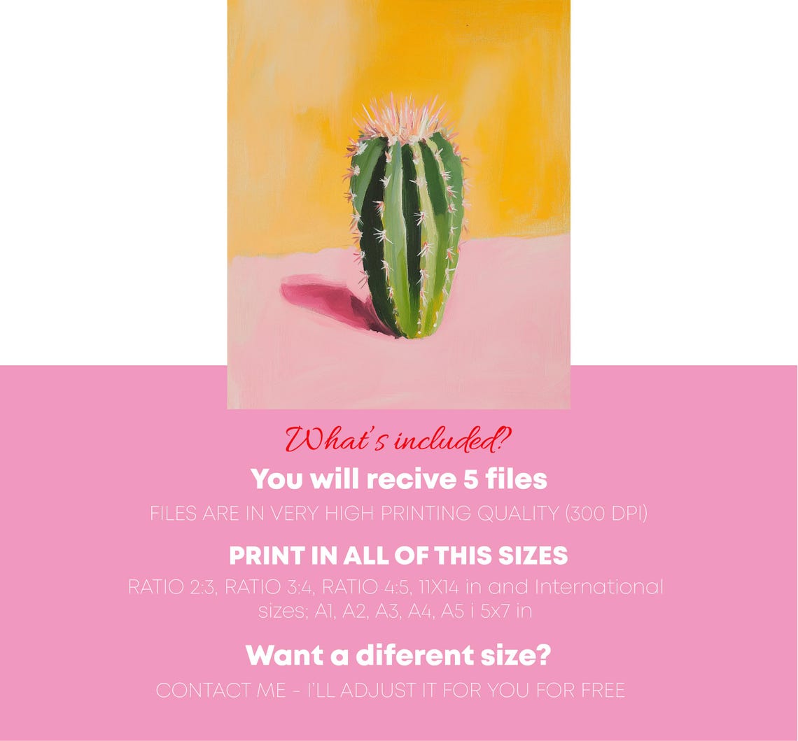 Green Cactus On Pink Surface Pop Art Yellow Background Wall Poster - Image 4