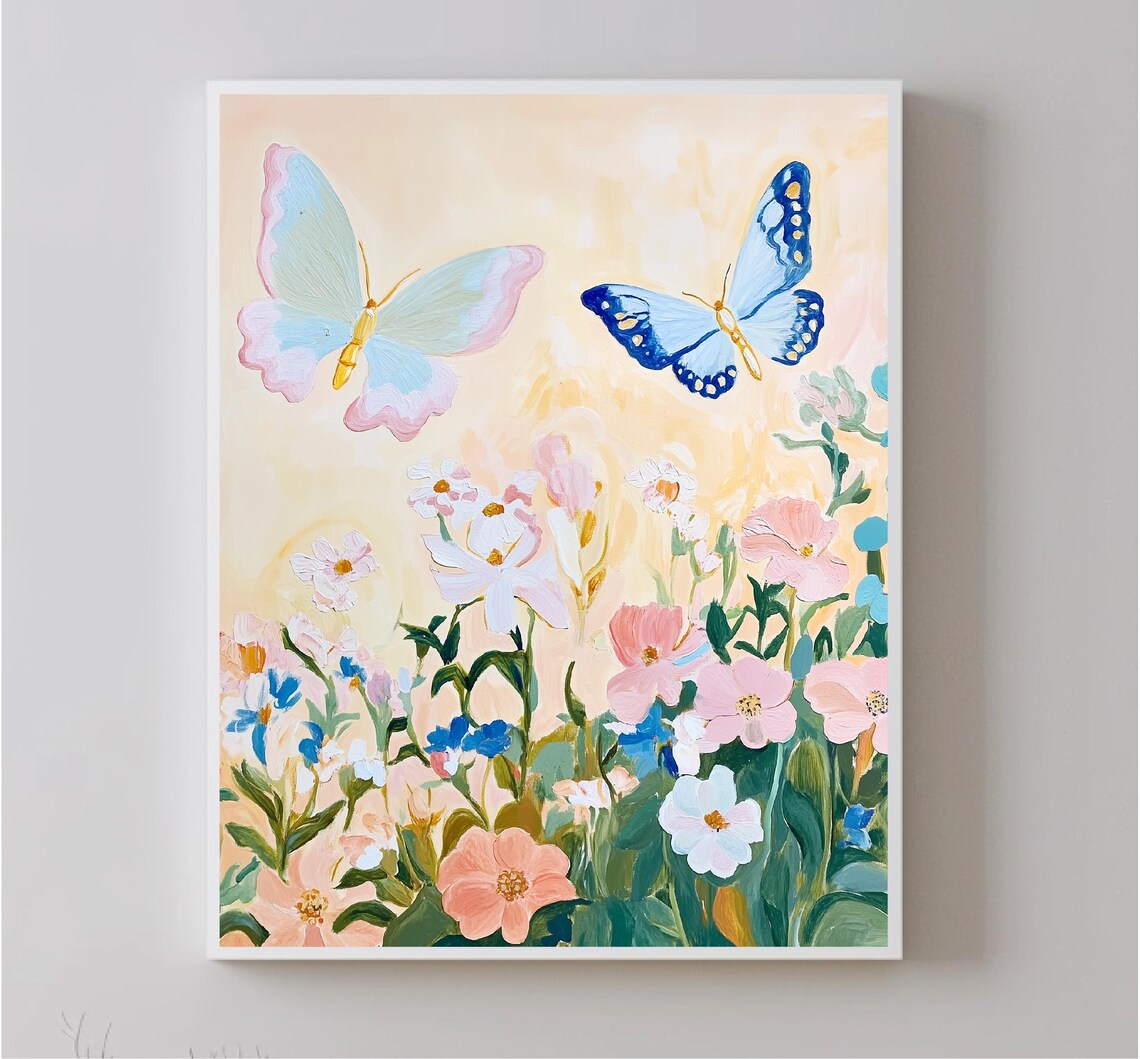 Butterflies Wildflower Meadow Pink Blue Blooms Garden Art Poster