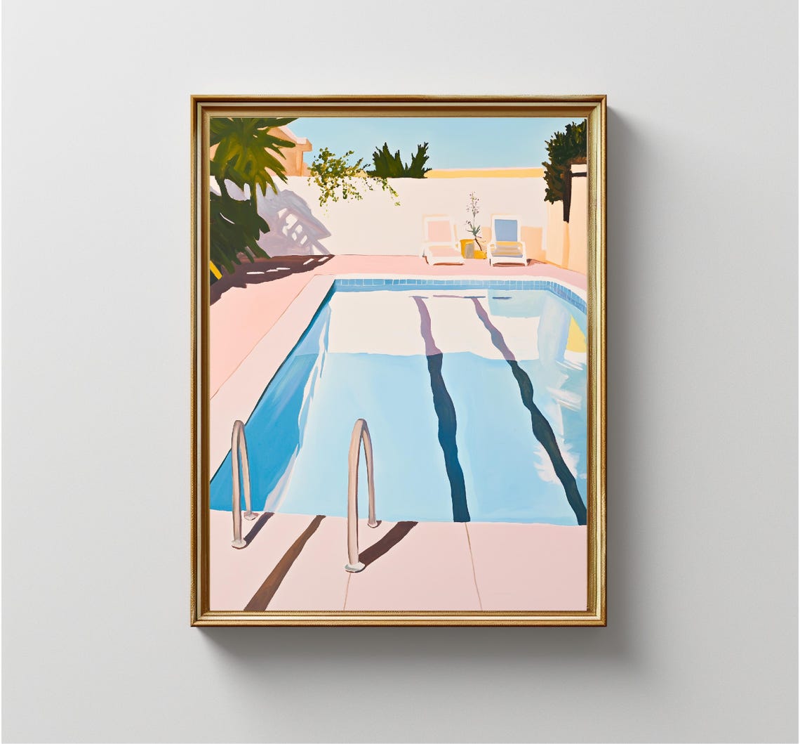 Retro Swimming Pool Pink Deck Blue Water Palm Trees Summer Art Print - Image 3