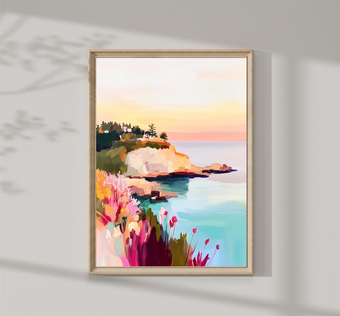 Coastal Cliff Sunset Pastel Ocean Flowers Seaside Landscape Poster
