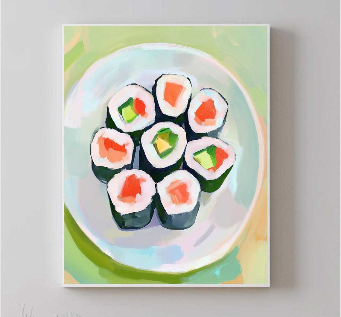 Sushi Rolls On Plate Pastel Japanese Food Painting Kitchen Poster