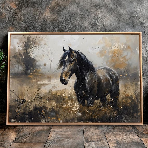 Dynamic Black Wild Horse Framed Canvas Wall Art Nature Landscape Painting Print Abstract Wildlife Poster Country Decor Gift Ready To Hang