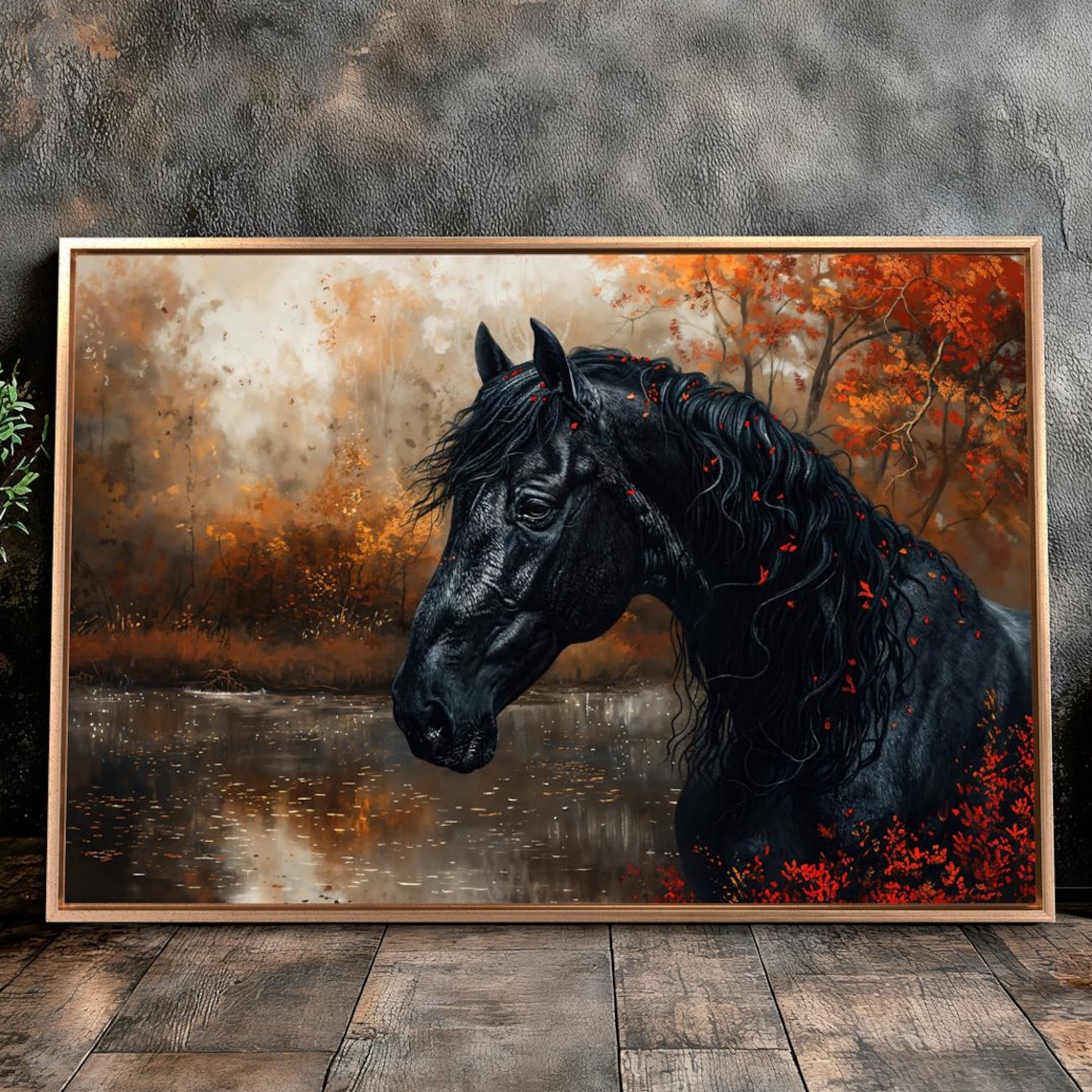 Black Horse In Autumn Forest Twilight Painting Equine Poster