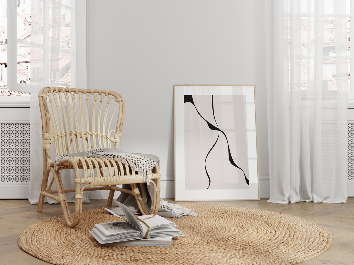 Taupe Black Wavy Brush Line Neutral Abstract Minimalist Print
