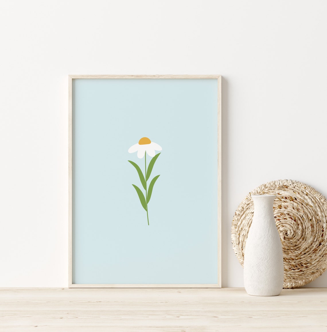 Single White Daisy Light Blue Minimal Floral Nursery Decor Poster - Image 2