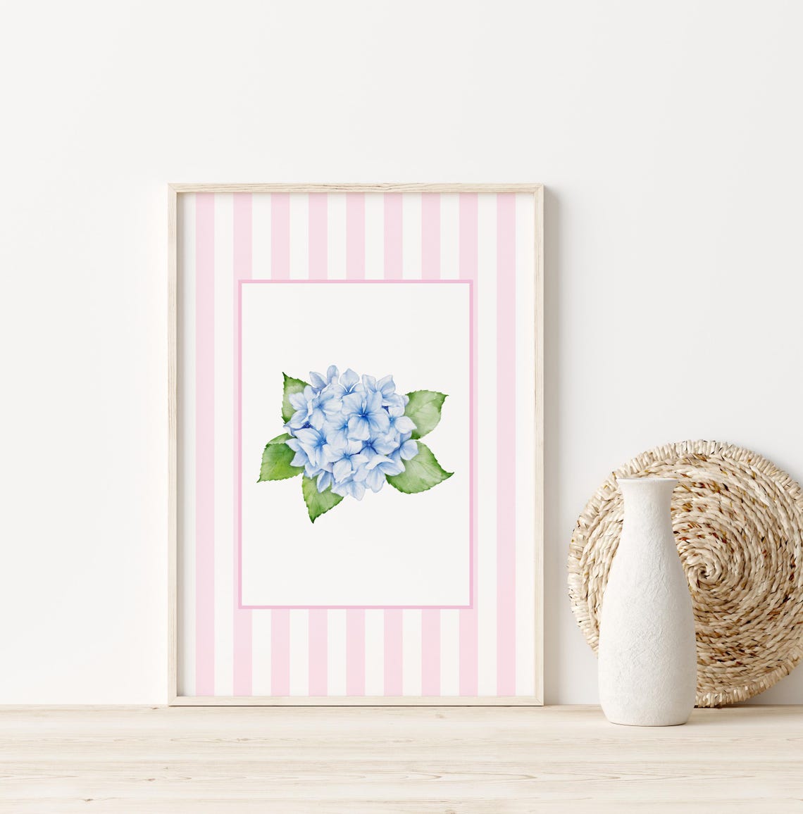Blue Hydrangea Watercolor Pink Stripe Coastal Floral Nursery Poster