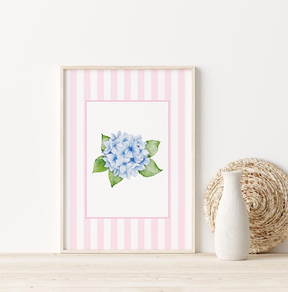 Blue Hydrangea Watercolor Pink Stripe Coastal Floral Nursery Poster