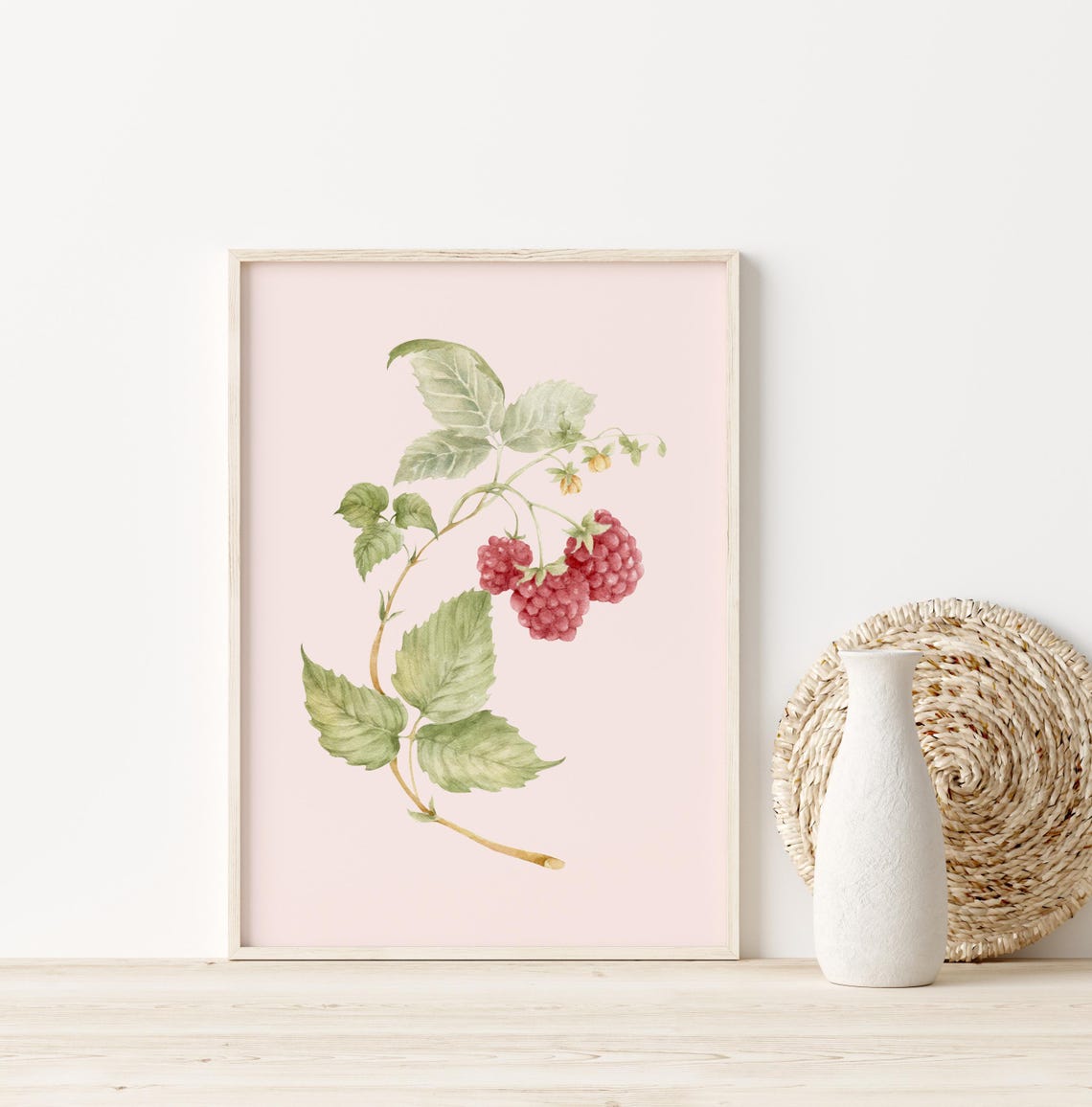 Raspberry Botanical Watercolor Poster Blush Pink Fruit Nursery Art