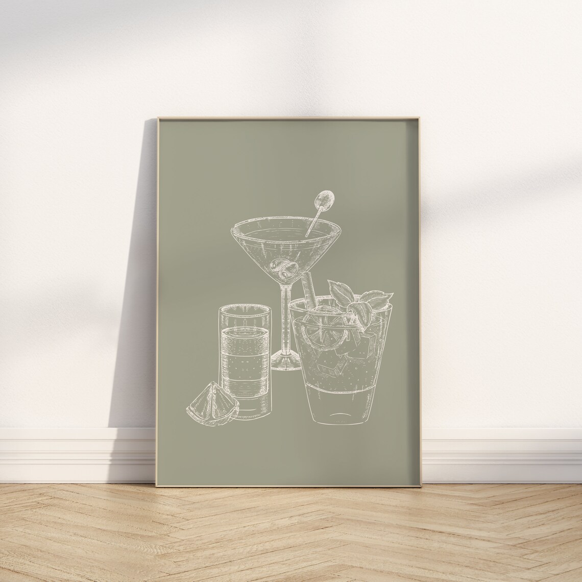 Cocktail Print, Sage Green Bar Cart Art Poster - Image 3