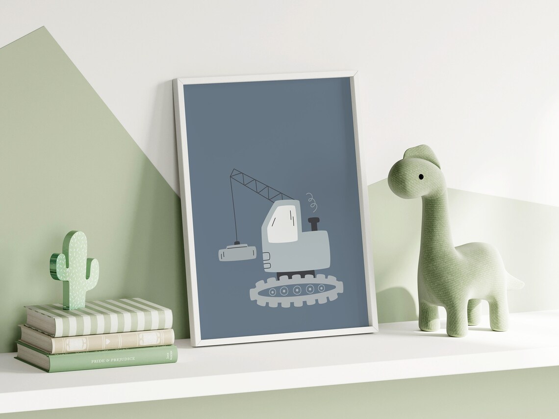 Blue Crane Truck Construction Vehicle Poster For Boys Nursery - Image 2