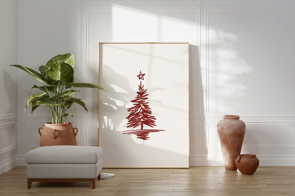 Red Sketch Christmas Tree Star Topper Cream Minimalist Poster - Image 2