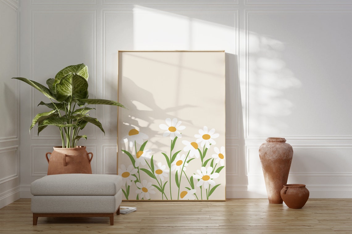 White Daisies Cream Floral Botanical Illustration Spring Art Poster - Image 4