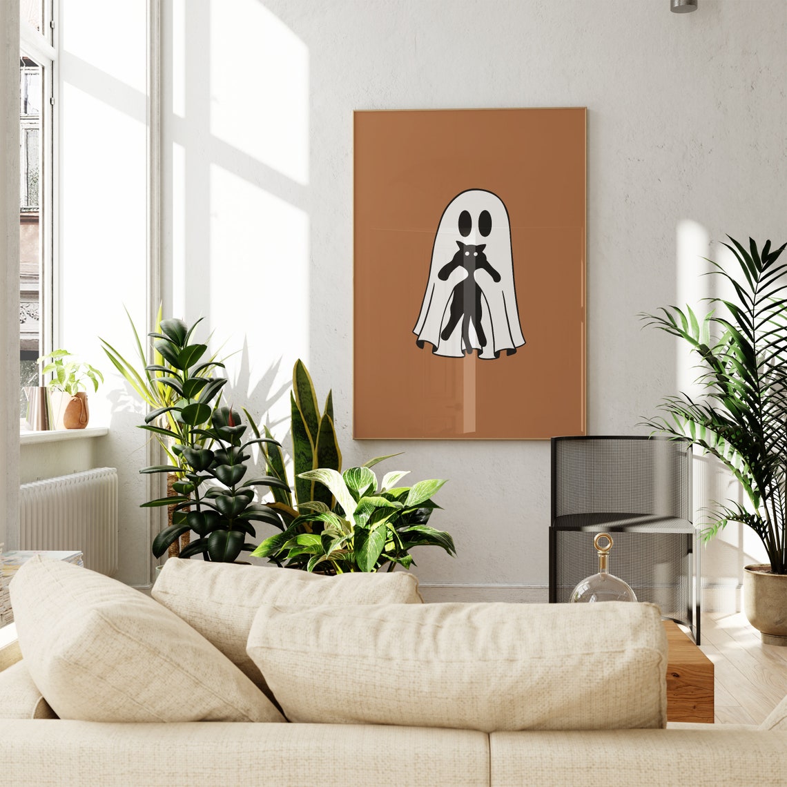 Halloween Ghost Holding Cat Caramel Brown Fall Background Poster - Image 4