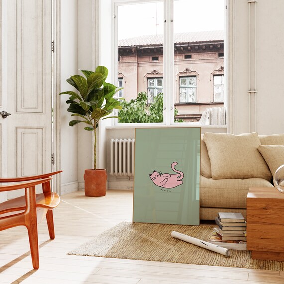 Cute Pink Cat Doodle Sage Green Quirky Cat Animal Decor Poster
